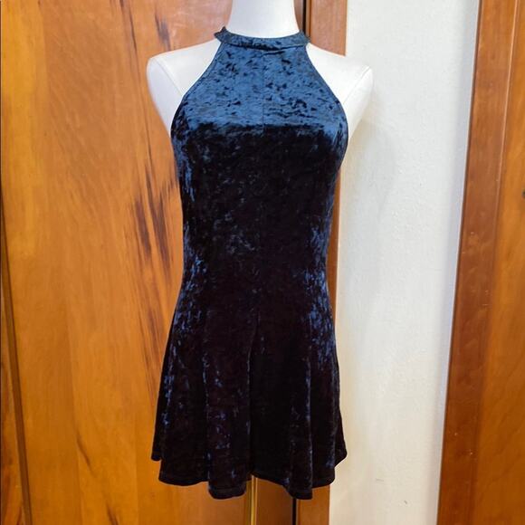 Forever 21 Pants - Midnight Blue Velvet Romper Halter Open Back Sleeveless High Neck Whimsigoth